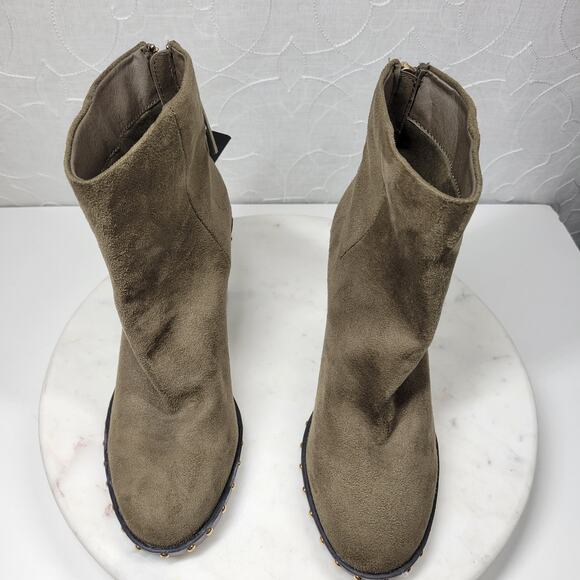 Forever 21 Suede Boots Womens 7 Green Leather Gold Rivets Block Heel Zipper New - Picture 15 of 16